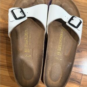 Birkenstock White Single-Strap Sandals with Black Buckles